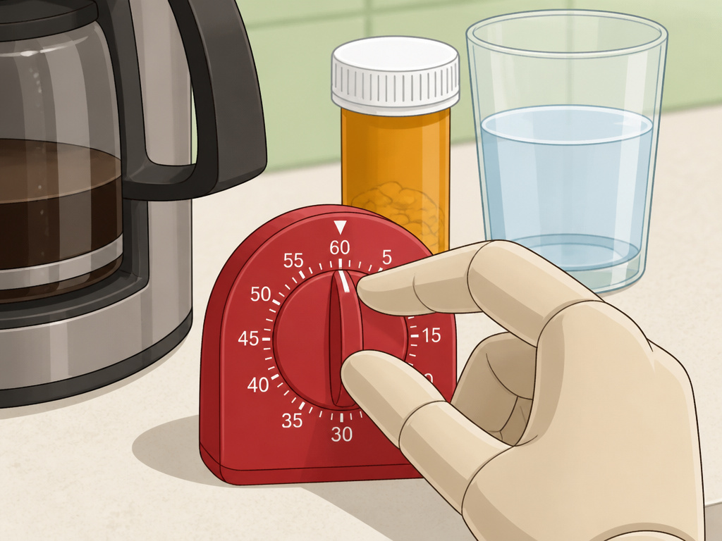 Setting a kitchen timer next to coffee maker after taking thyroid medication.