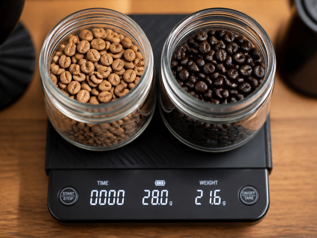 Two jars of light and dark roast coffee beans weighed on a scale.