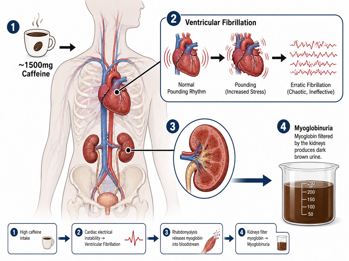Medical diagram showing caffeine overdose causing heart fibrillation and kidney damage