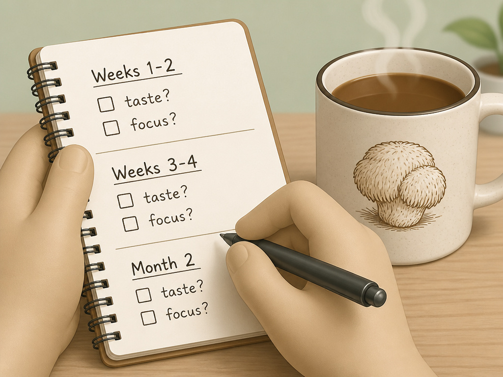 Cartoon timeline for testing mushroom coffee effects with notebook and mug.