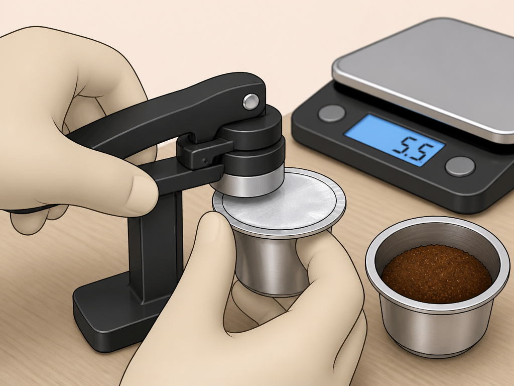 Step-by-step guide to sealing a refillable Nespresso capsule with coffee grounds.