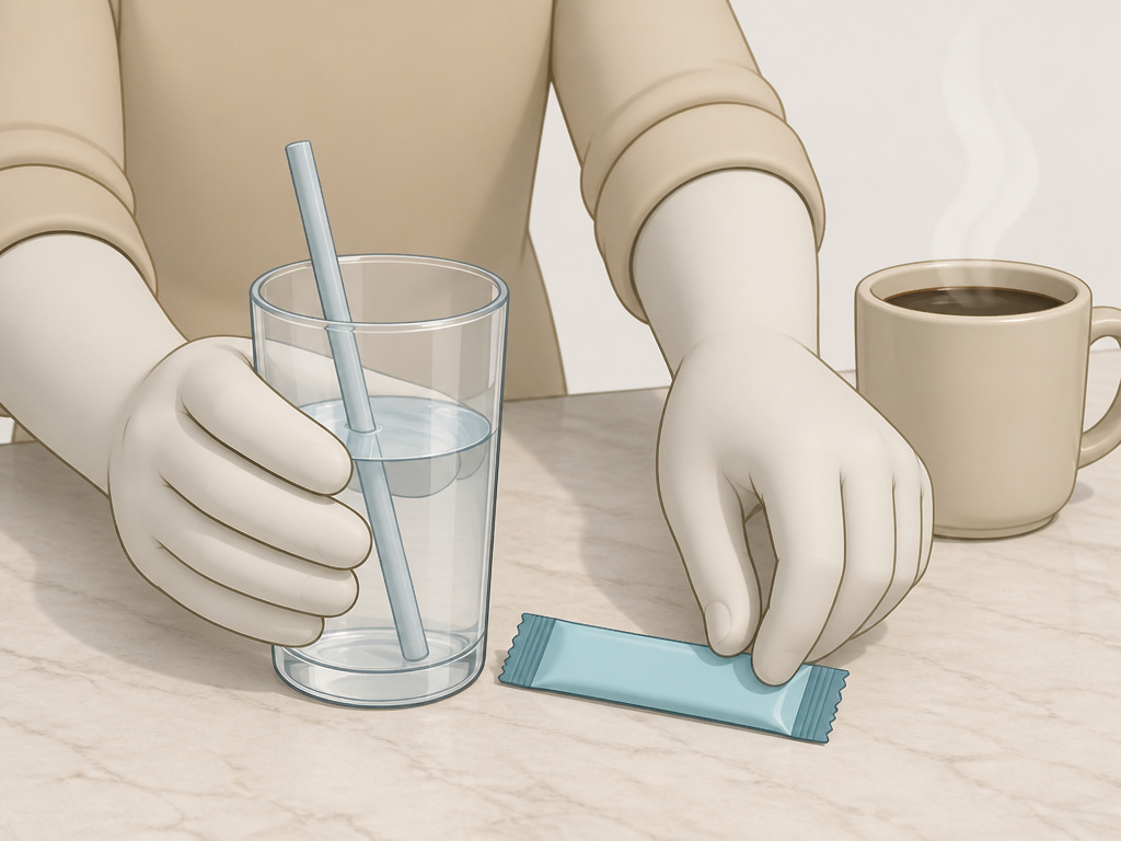 Electrolyte drink and coffee on counter for hangover recovery steps