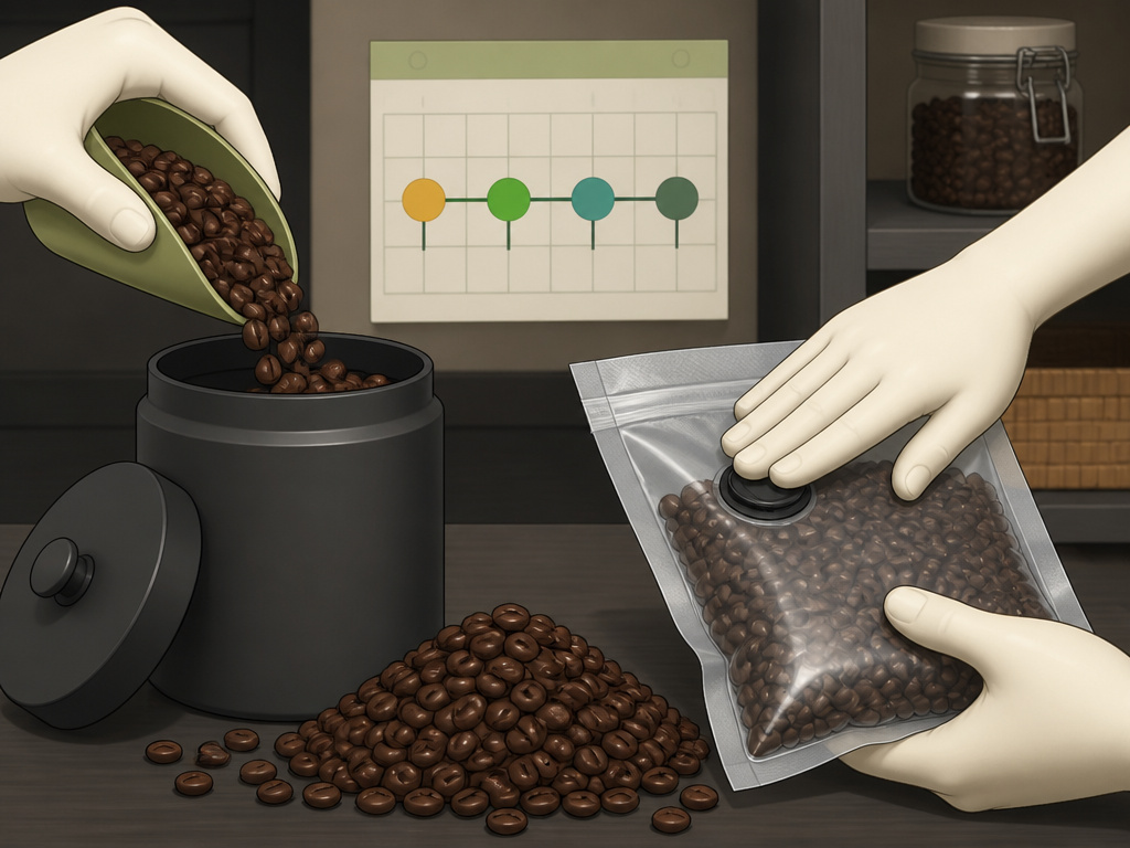 Dividing coffee beans into a daily canister and a vacuum-sealed bag for storage.