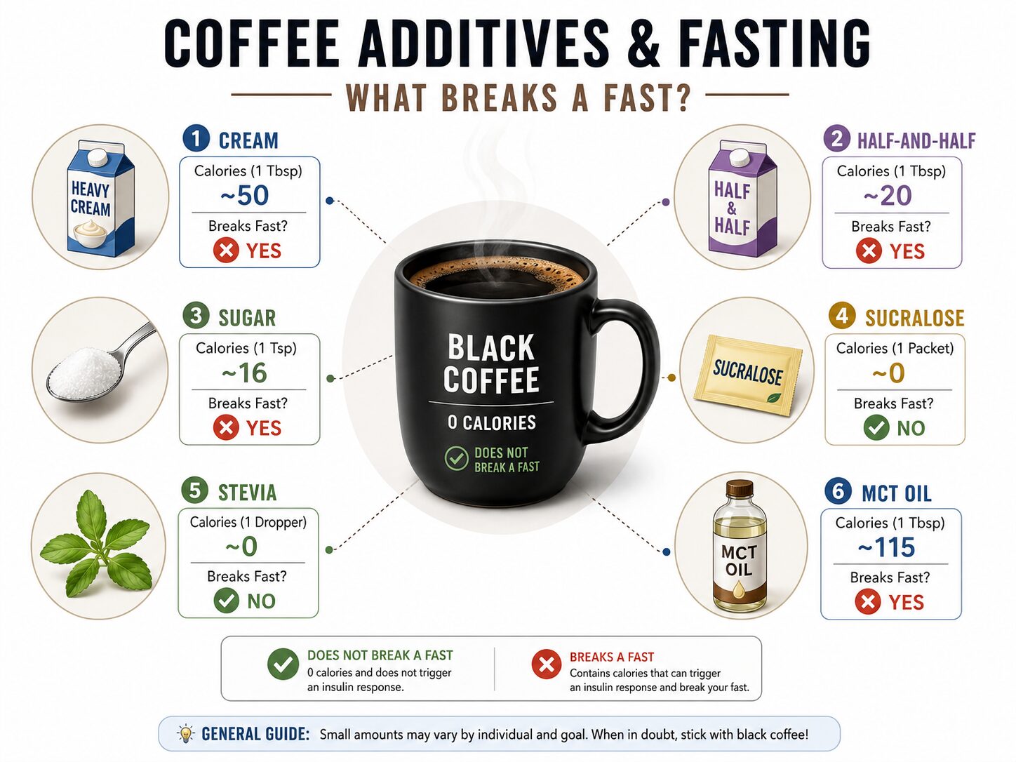 Infographic comparing calories and fasting impact of common coffee additives for weight loss