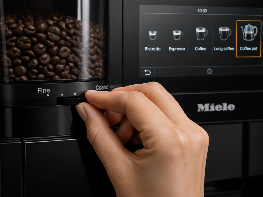 Close-up of adjusting the grinder lever on a built-in Miele coffee machine.