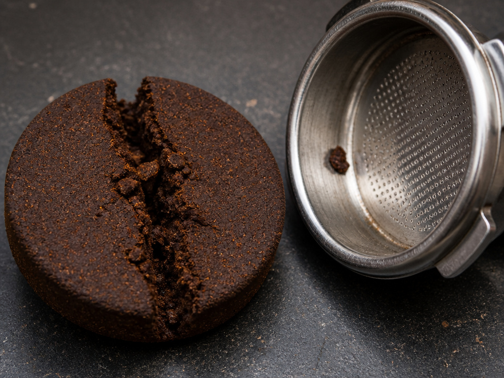 Diagnosing espresso channeling from a cracked and muddy spent coffee puck.