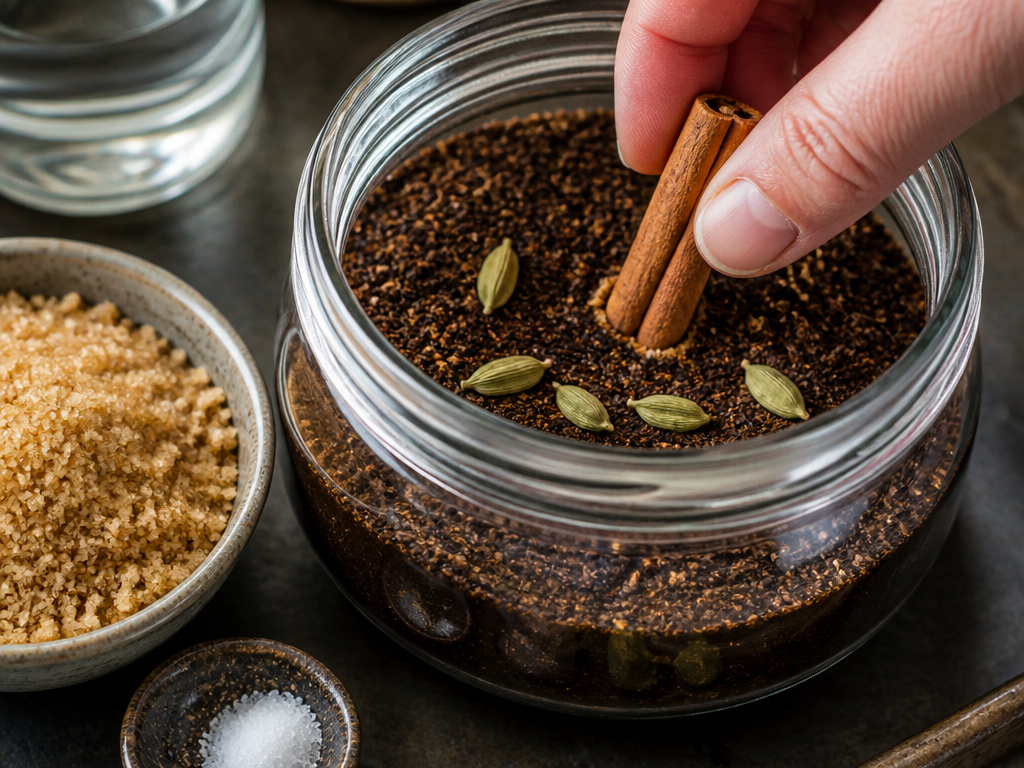 Adding cinnamon and cardamom to cold brew coffee grounds for flavor infusion.