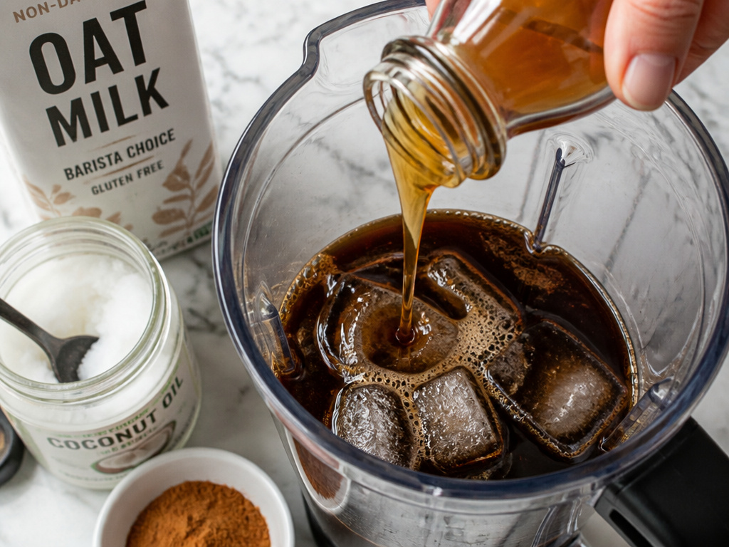 Adding syrup and spices to a blender for homemade frozen coffee variations.