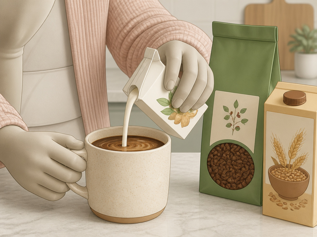 Mother adjusting coffee with almond milk and caffeine alternatives while breastfeeding.