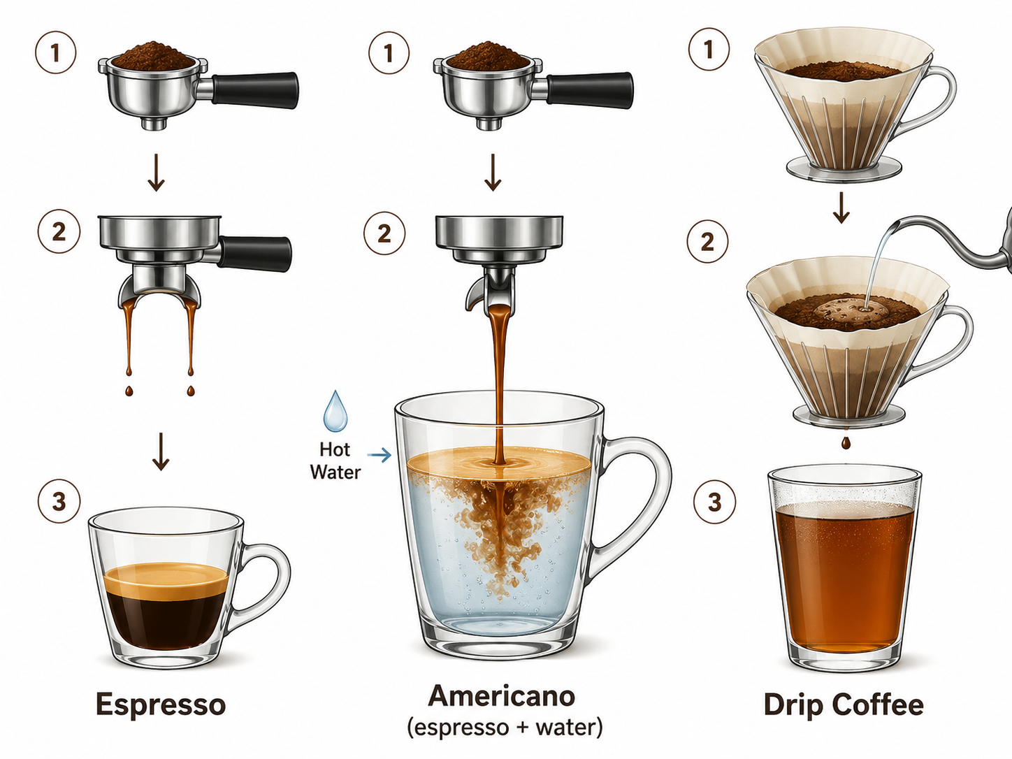 Diagram comparing espresso, americano, and drip coffee construction and volume.