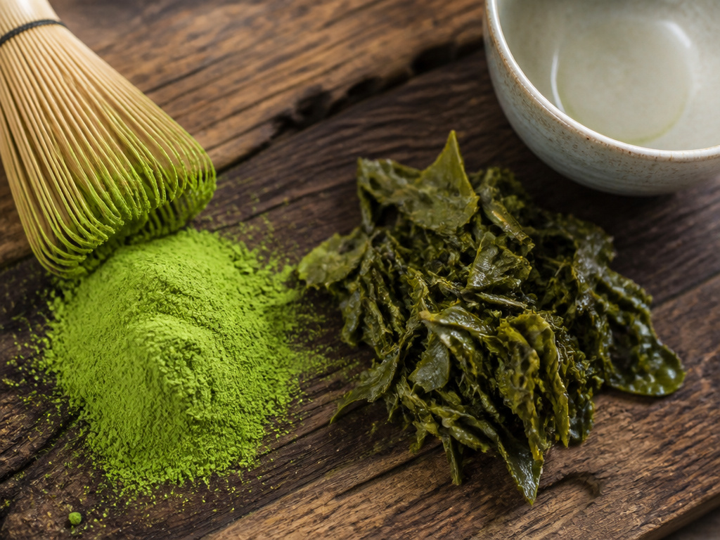 Close-up comparing powdered matcha to used tea leaves for antioxidant content.
