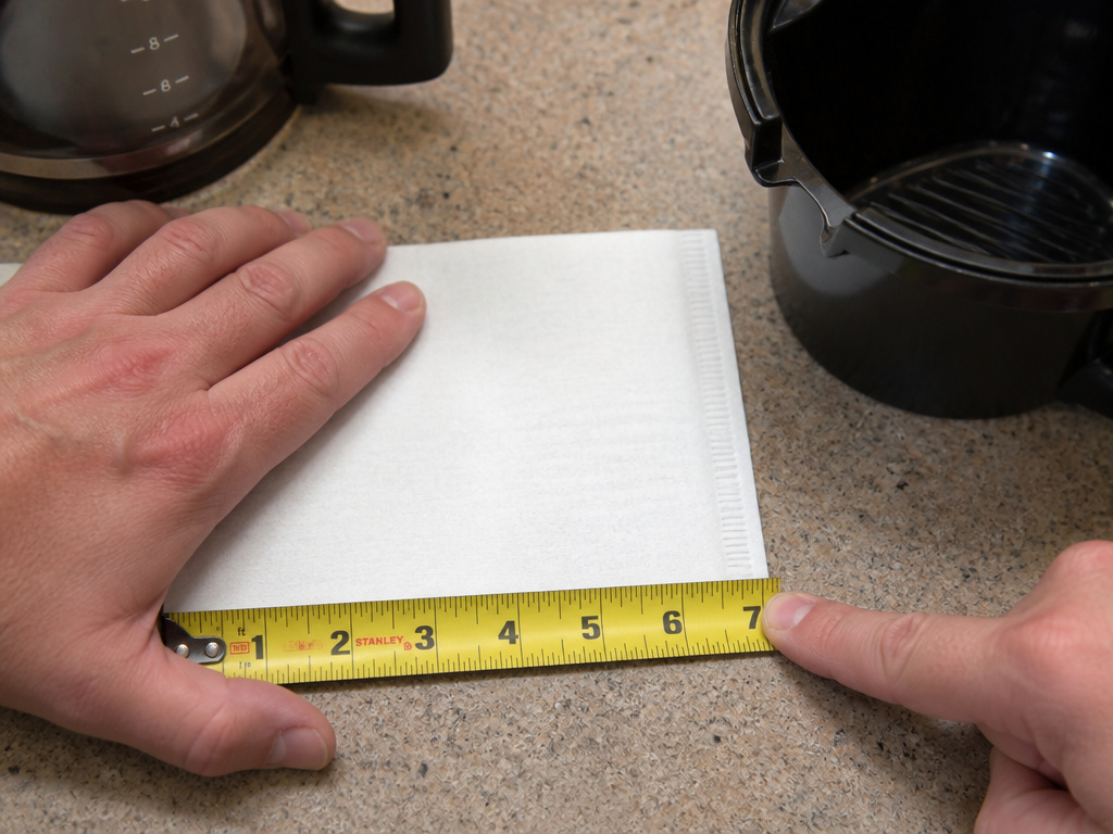 Measuring an unfolded basket coffee filter with a tape for correct sizing.