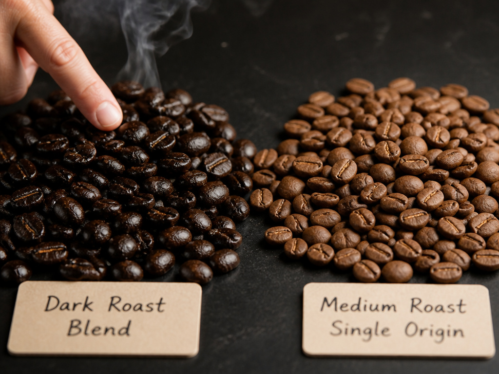 Comparison of dark roast blend beans versus medium roast single-origin coffee beans.
