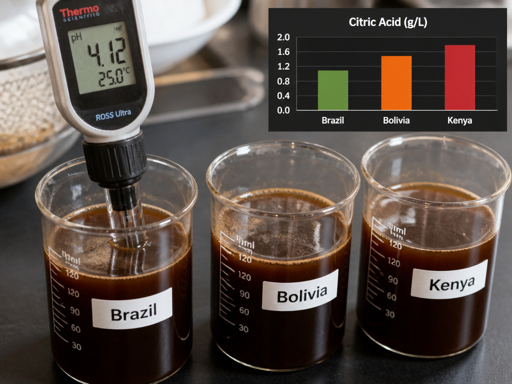Scientific comparison of acidity levels in coffee from Brazil, Bolivia, and Kenya.