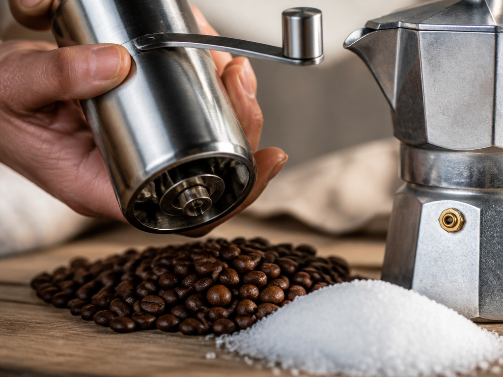 Dark roast coffee beans and sugar for making a traditional Cubano coffee.