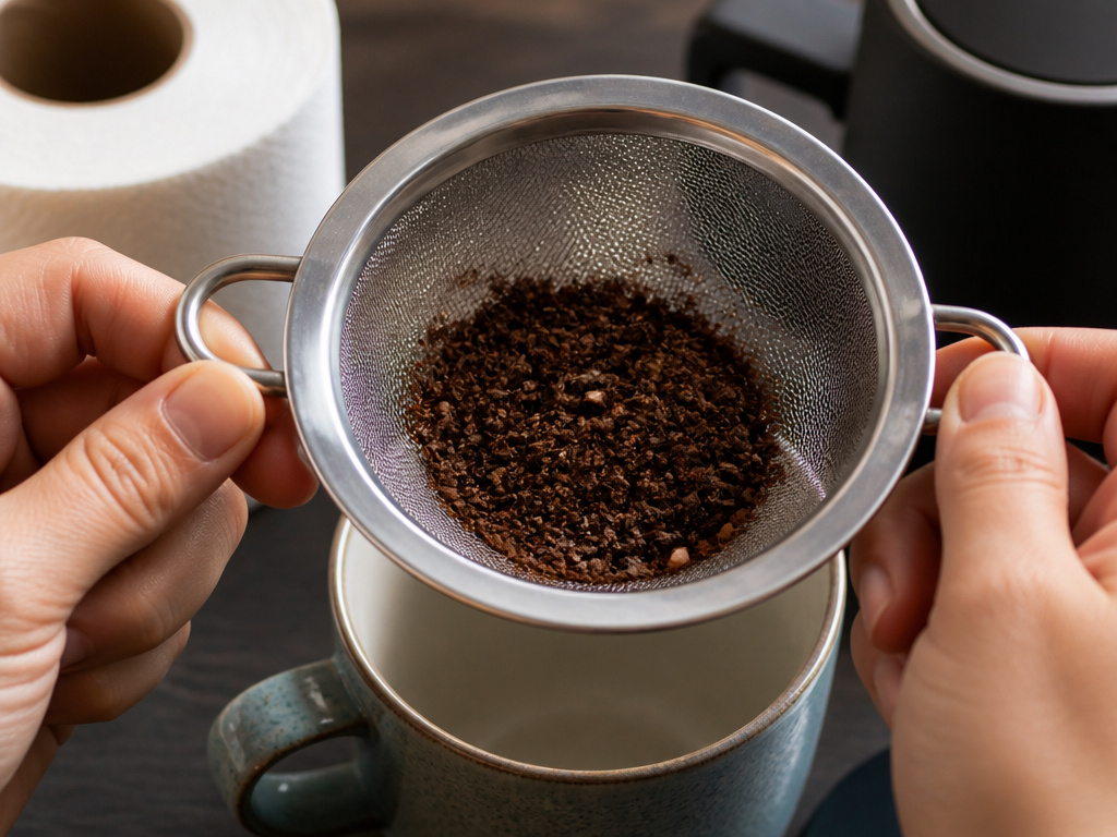Metal coffee filter alternative to using a paper towel for brewing.