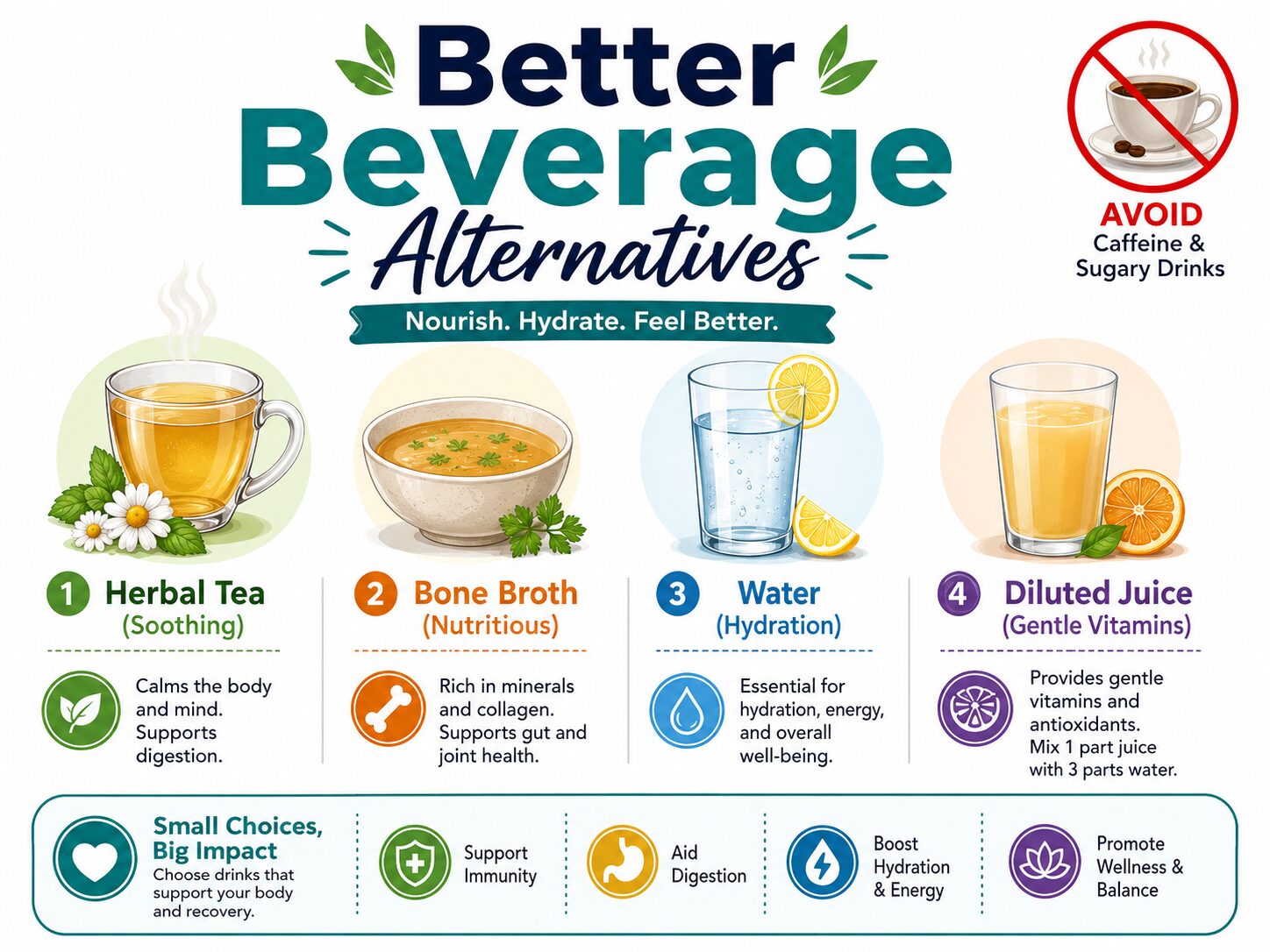 Infographic showing safe drinks like herbal tea and bone broth after tooth extraction.