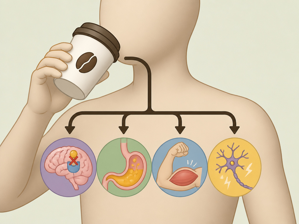 Diagram of coffee's effects on brain, stomach, muscles, and nerves