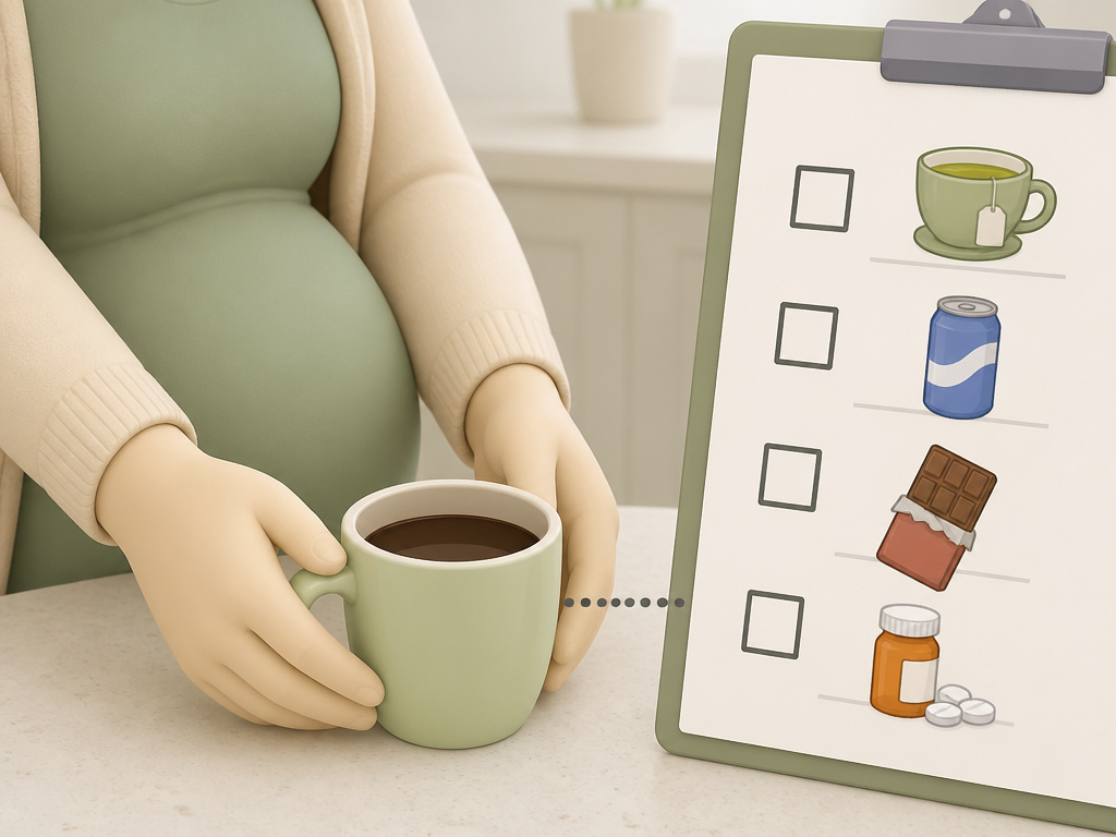 Pregnant woman managing caffeine intake from coffee, tea, soda, and chocolate.