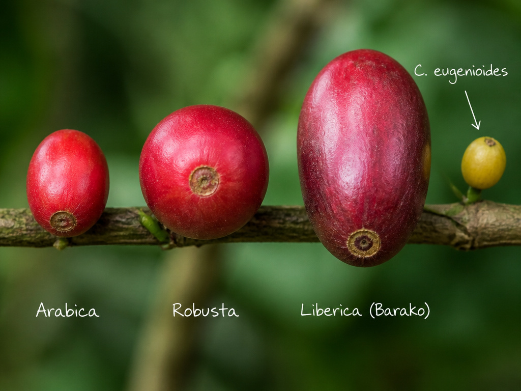 Comparison of Arabica, Robusta, Liberica, and wild coffee cherry species.