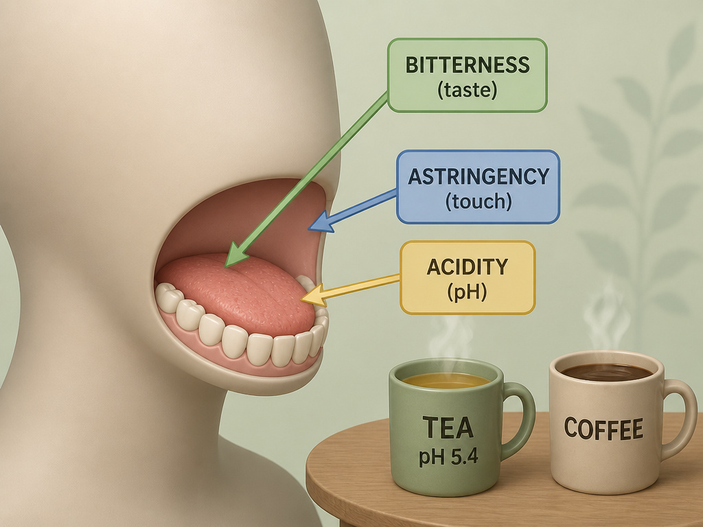 Diagram comparing bitterness, astringency, and acidity sensations in tea versus coffee.