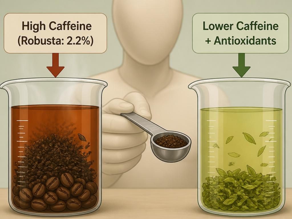 Diagram comparing caffeine content in black tea, green tea, and coffee bean types.
