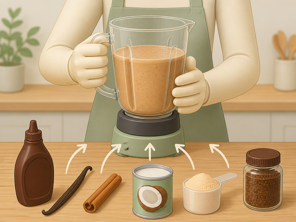 Blended coffee variations with chocolate, vanilla, spice, and dairy-free options