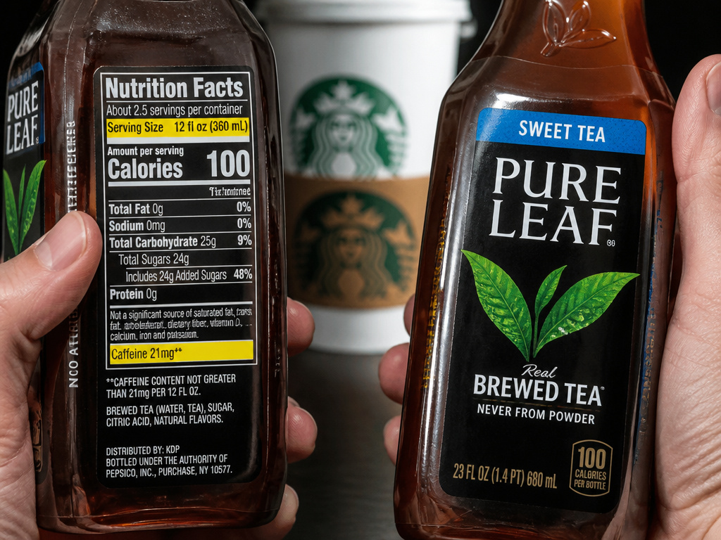 Two bottled iced teas with visible caffeine labels compared to a coffee cup.