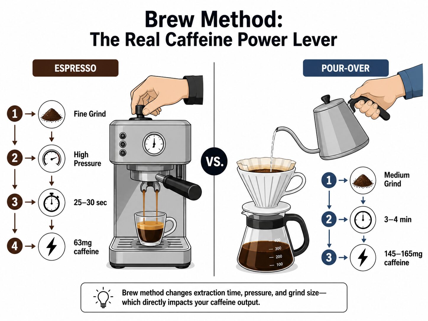 Diagram comparing caffeine content in espresso versus pour-over coffee brewing methods.