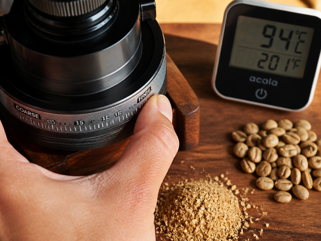 Adjusting a burr grinder to a fine setting for brewing blonde roast coffee.