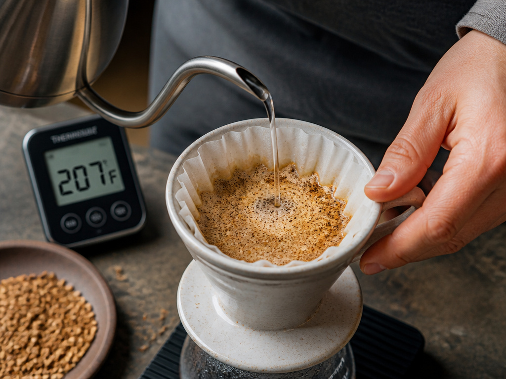 Close-up of pour-over brewing method for light blonde roast coffee grounds.