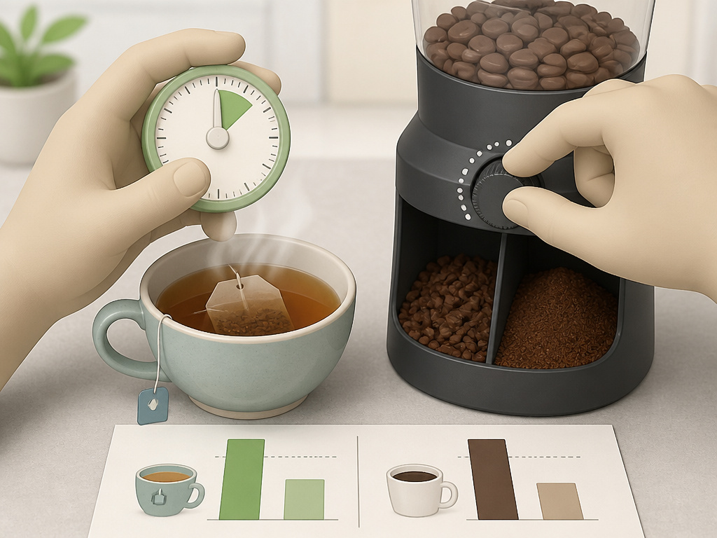 Brewing methods for controlling caffeine in Earl Grey tea versus coffee.