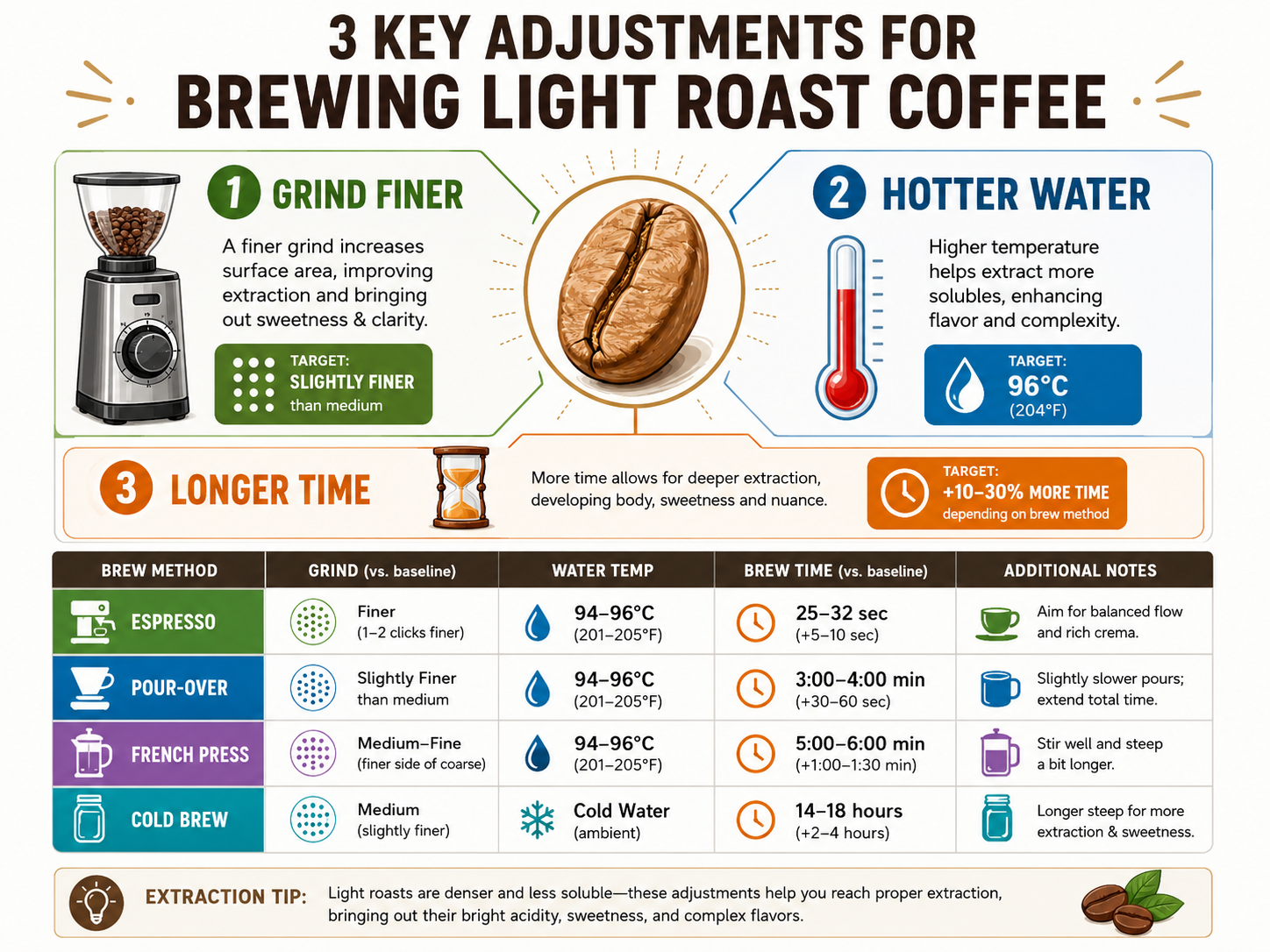 Infographic showing grind size, water temperature, and time adjustments for brewing light roast coffee.
