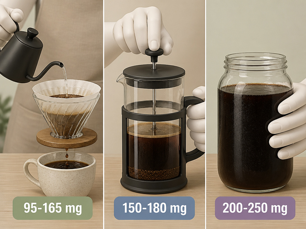 Cartoon diagram comparing caffeine content in pour-over, French press, and cold brew coffee.