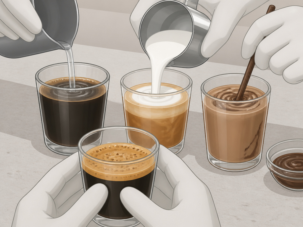 Cartoon illustration of building americano, latte, and mocha from instant espresso.