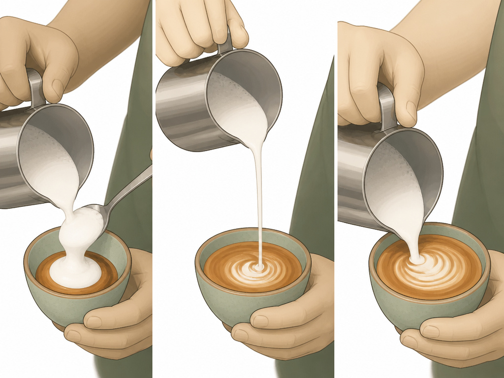 Cartoon diagram showing milk pouring techniques for cappuccino, latte, and flat white.