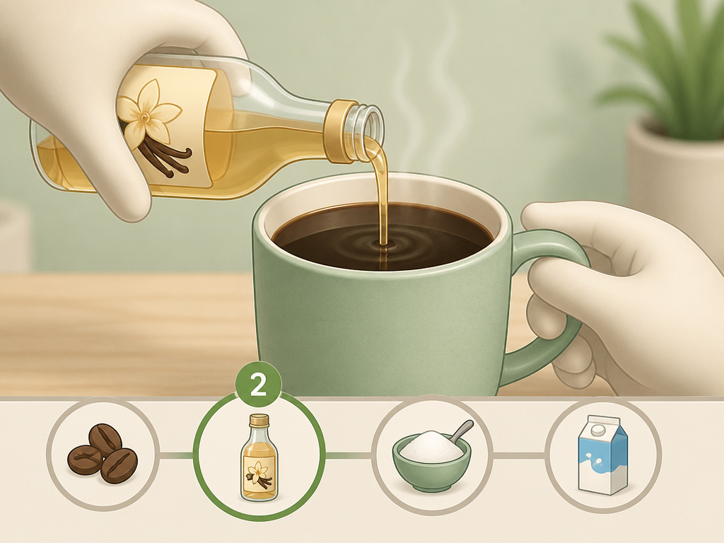 Step-by-step cartoon guide for layering vanilla flavor into a coffee mug.