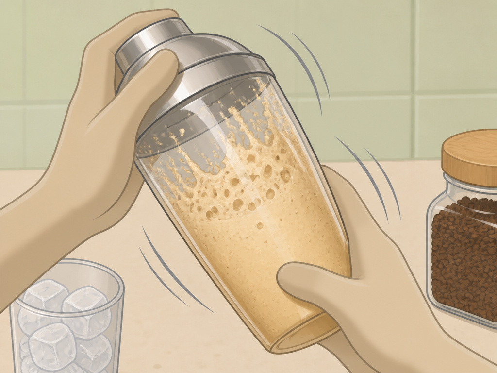 Hands shaking a cocktail shaker to make a foamy Greek frappé coffee.