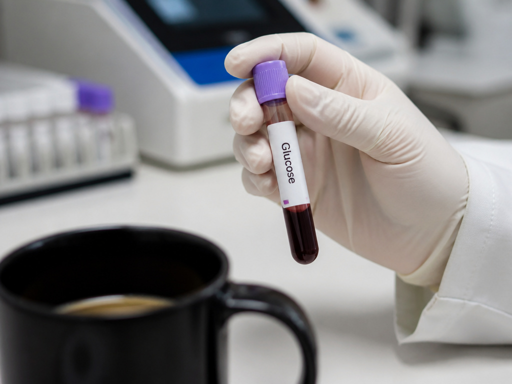 Blood vial for glucose test next to a coffee cup, fasting lab work concept
