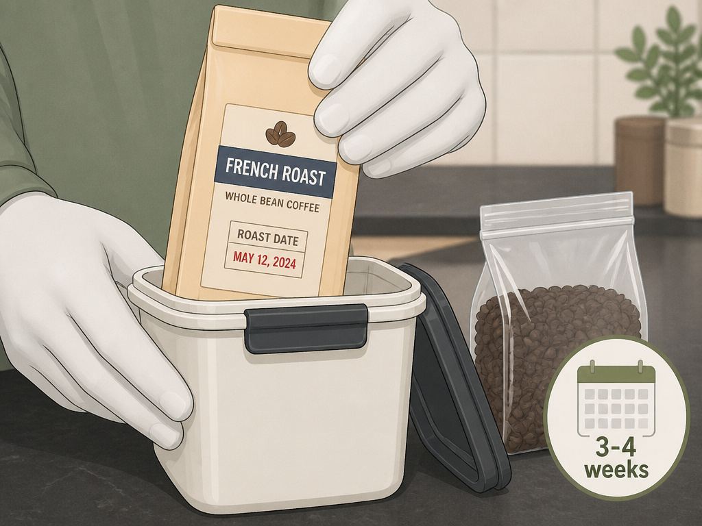 Properly storing small bags of French roast and dark roast coffee in an airtight container.