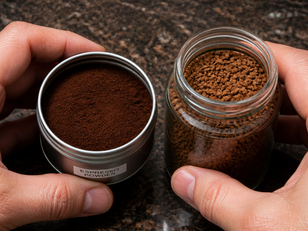 Espresso powder in a tin versus instant coffee in a jar for baking and drinking.