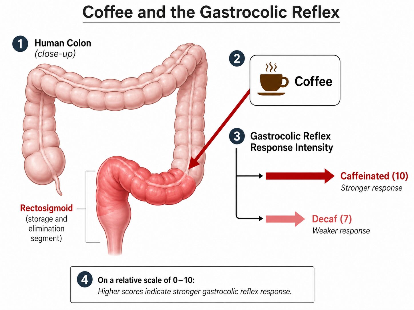 Diagram comparing caffeinated vs decaf coffee effect on the colon.