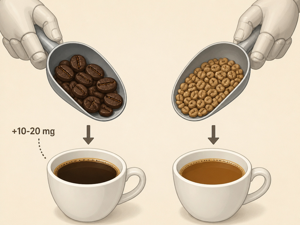 Diagram comparing caffeine content in scoops of blonde roast versus dark roast coffee beans.