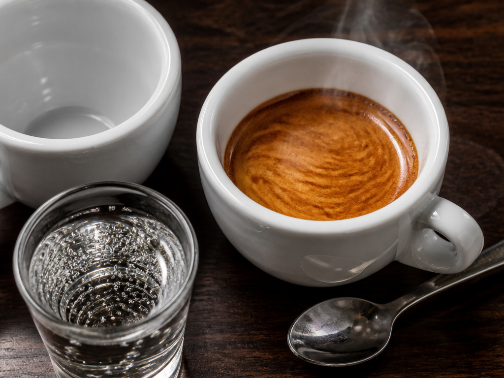 Close-up of a freshly served double espresso in a warm cup with water pairing.
