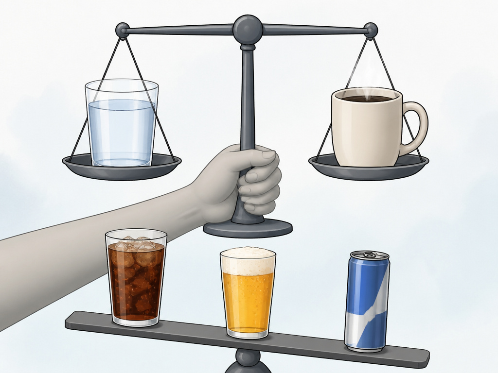 Coffee and water balanced on a scale, depicting hydration equivalence compared to other drinks