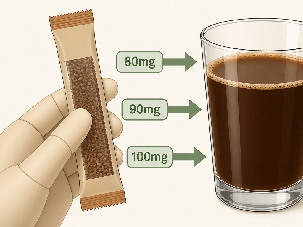 Cold brew instant coffee packet with caffeine content comparison diagram.