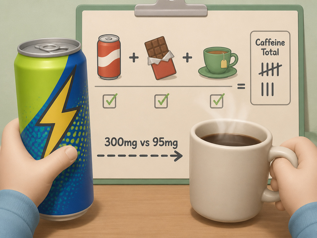 Child's hands comparing caffeine in energy drink versus coffee, with other common sources listed.