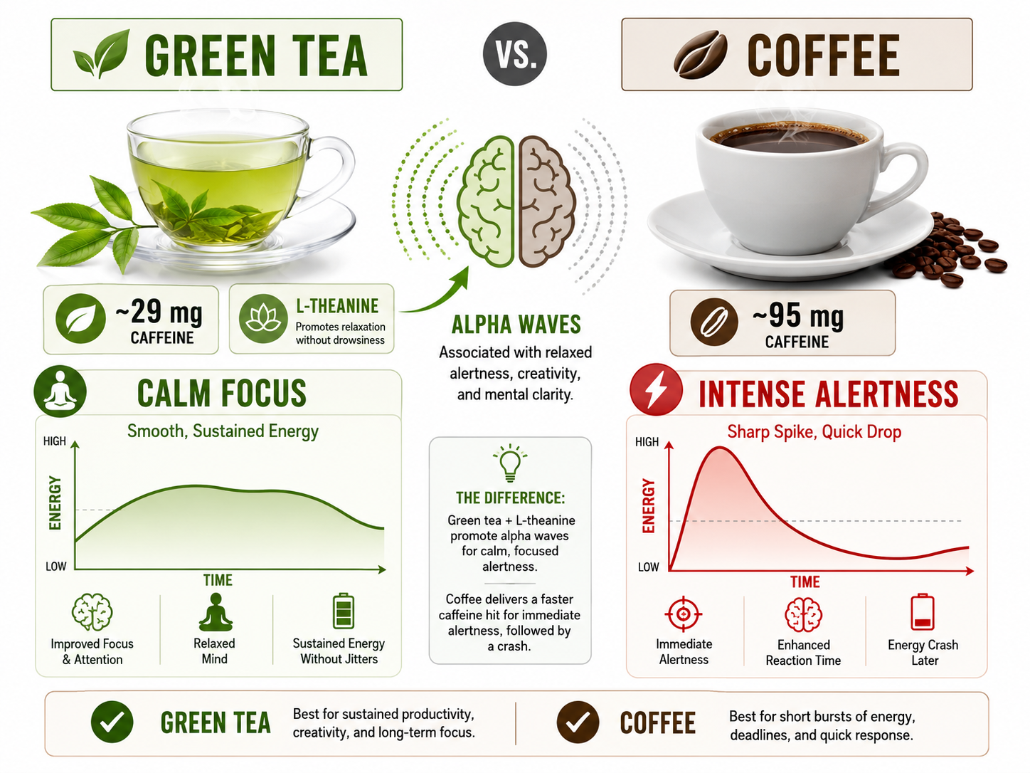 Infographic comparing caffeine content and energy profiles of green tea versus coffee.