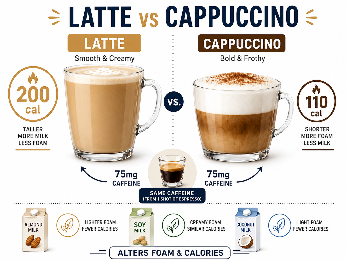 Calorie and caffeine comparison between a latte and a cappuccino infographic.