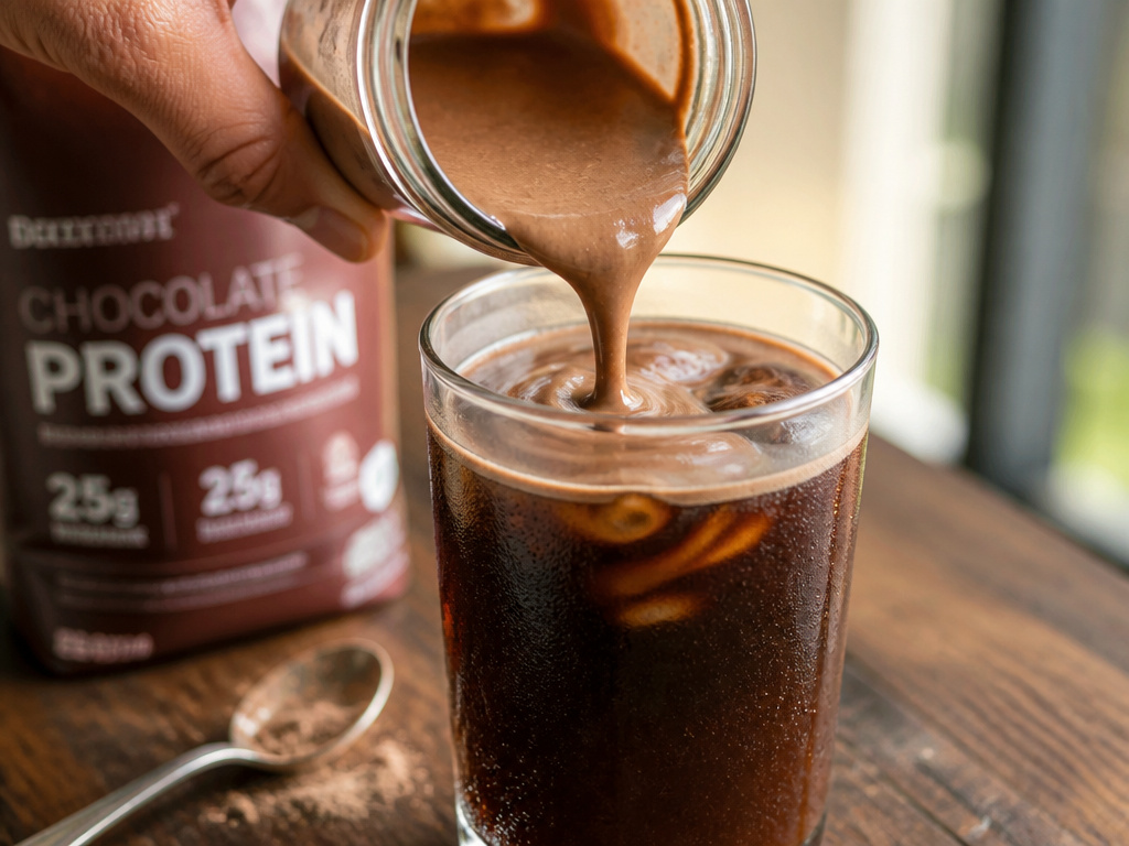 Adding chocolate protein powder slurry to a glass of cold brew coffee.